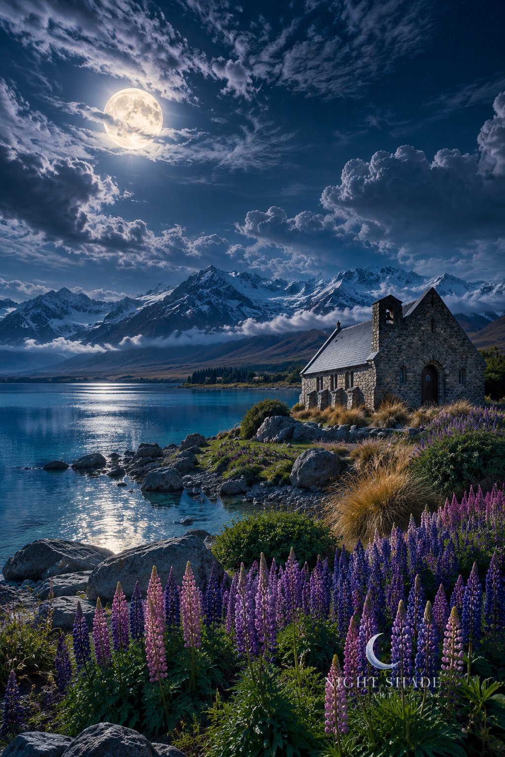 Moonlit Church of the Good Shepherd on Lake Tekapo in New Zealand, a small stone chapel above purple and pink lupins, turquoise water mirroring the moon and snowy Southern Alps under a full moon behind wispy clouds, night landscape wall art print