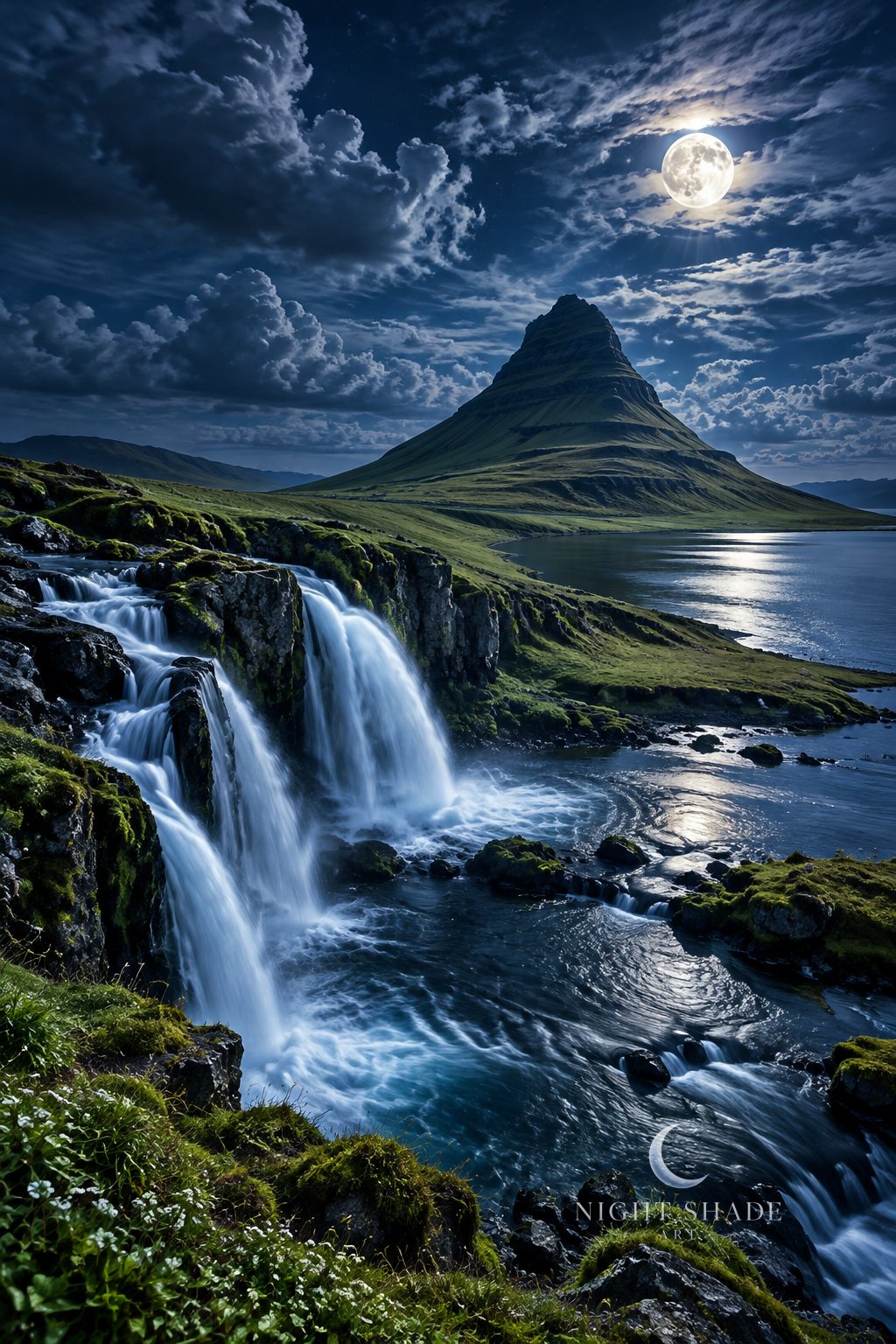 Moonlit Kirkjufell mountain and Kirkjufellsfoss waterfall on Iceland’s Snæfellsnes Peninsula, silky white falls cascading over mossy rocks with the cone-shaped peak and moonlit fjord beyond under a full moon behind wispy clouds, night landscape wall art print