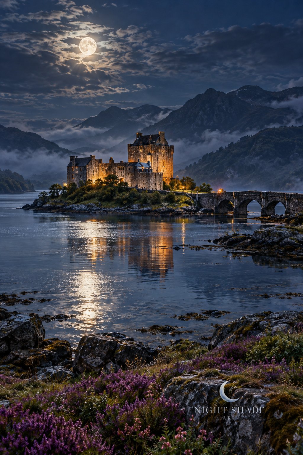 Moonlit Eilean Donan Castle on its rocky islet in Loch Duich in the Scottish Highlands, Scotland, with its arched stone bridge, warm castle windows reflected in still water, misty mountains beyond, purple heather and wildflowers among the rocks in the foreground and a full moon behind wispy clouds, night landscape wall art print