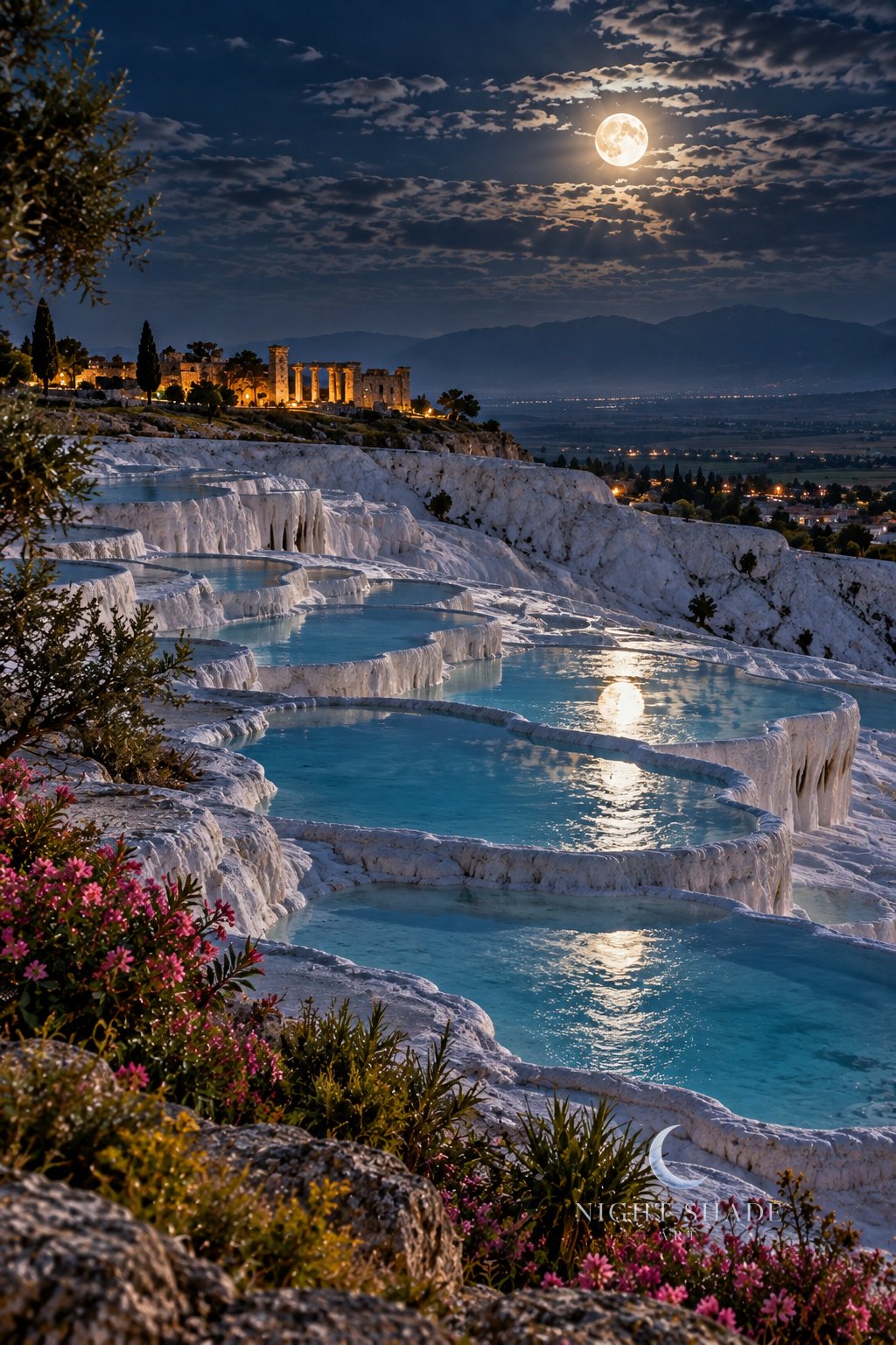 Moonlit Pamukkale travertine terraces in Denizli, Turkey, tiers of white mineral pools filled with turquoise water that mirrors the moon, the ancient ruins of Hierapolis on the ridge above, town lights in the valley, pink flowers in the foreground and a full moon behind wispy clouds, night landscape wall art print