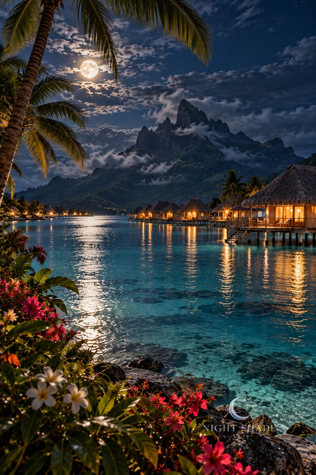 Moonlit Bora Bora lagoon in French Polynesia, thatched overwater bungalows with warm lights over calm turquoise water, palm trees, red tropical flowers and white frangipani in the foreground and the dark peak of Mount Otemanu beyond under a full moon behind wispy clouds, night landscape wall art print