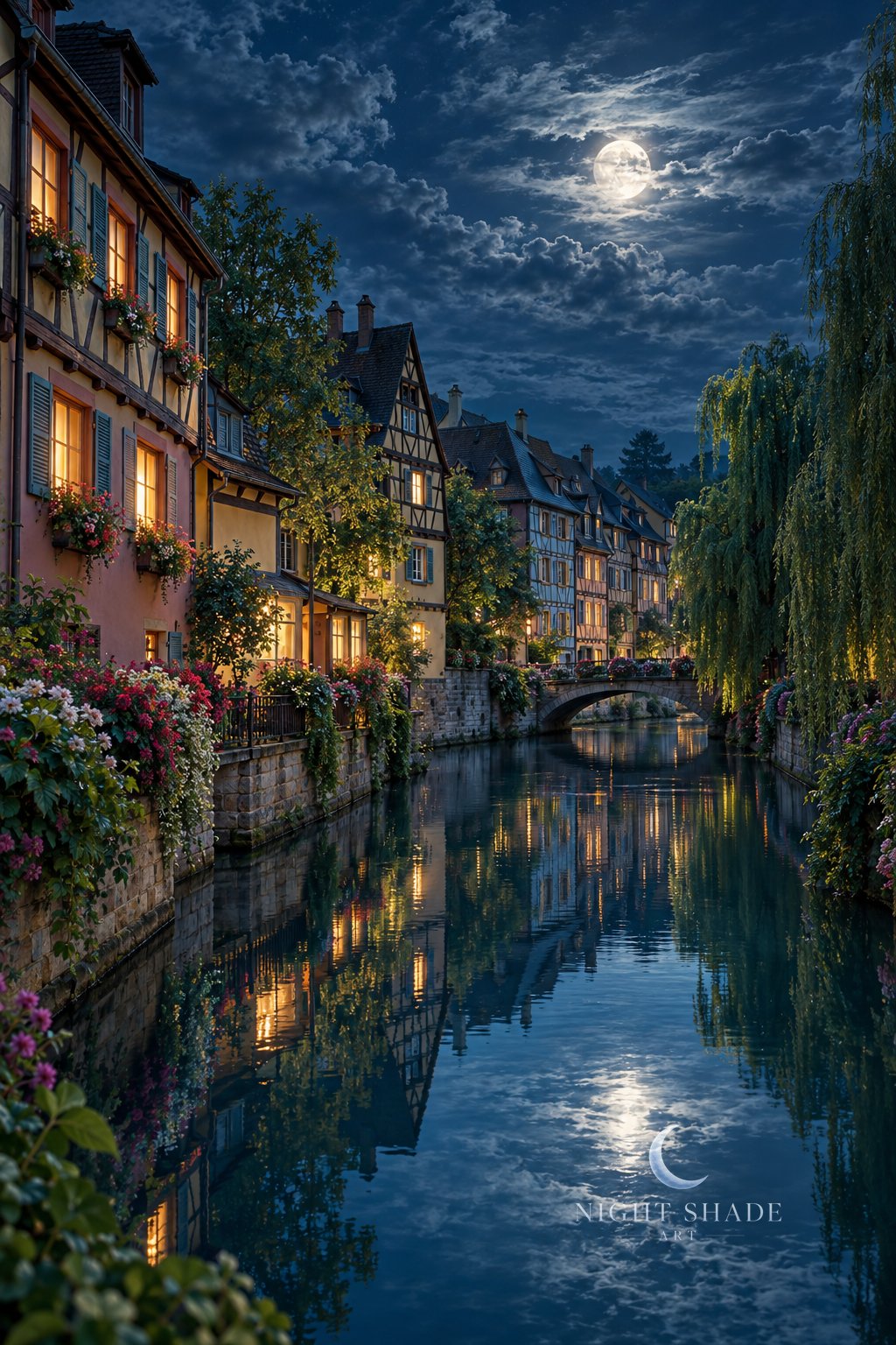 Moonlit Petite Venise quarter of Colmar in Alsace, France, pastel half-timbered houses with flower-filled window boxes and warm lit windows lining a calm canal on the left, a weeping willow on the right bank, a small arched stone bridge beyond and flowers in the foreground, the full moon behind thin wispy clouds reflected in the water, night landscape wall art print