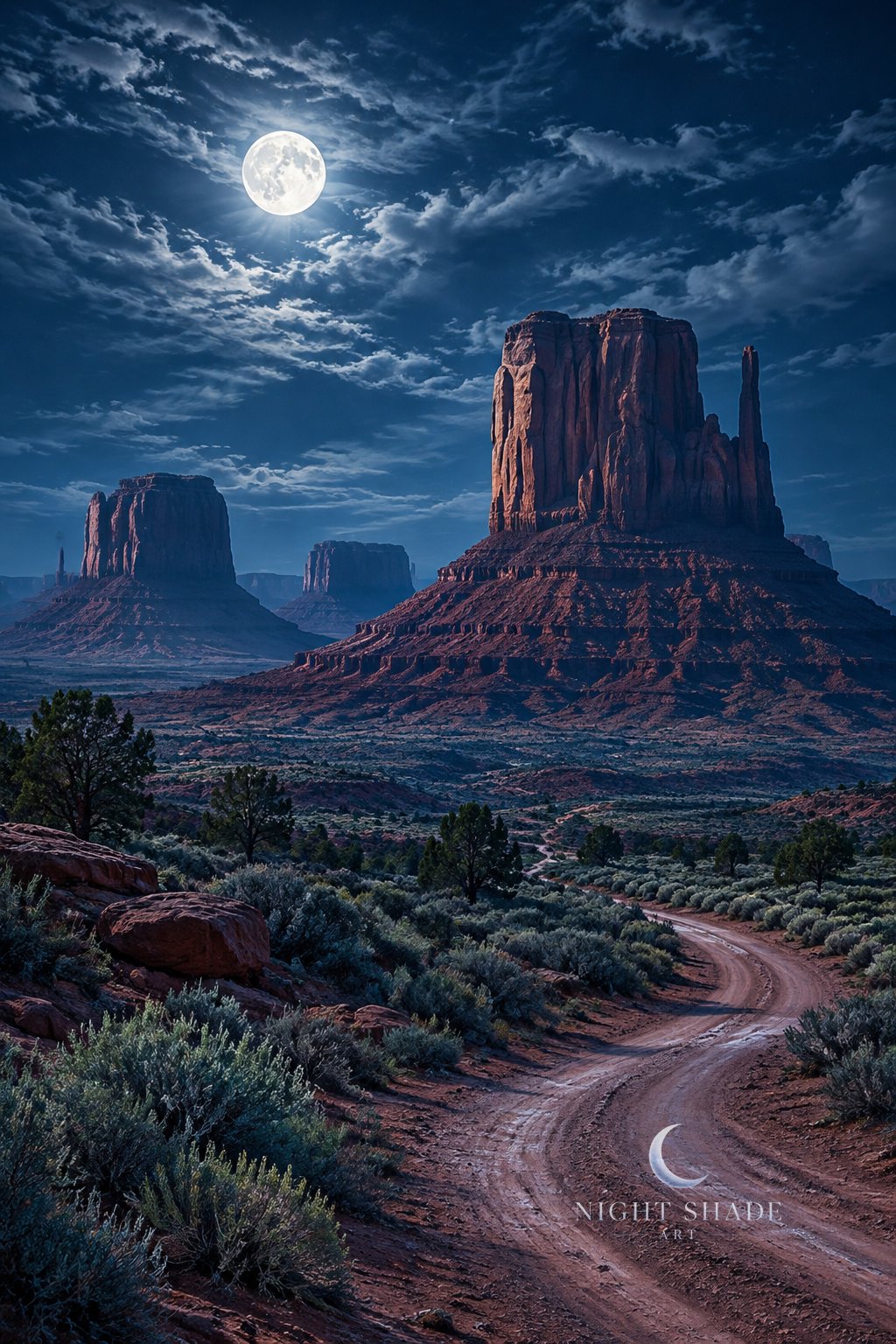 Moonlit Monument Valley in the Navajo Nation on the Arizona–Utah border, USA, red sandstone buttes and mesas rising from the desert floor, a winding red dirt road through sagebrush, scrub and red boulders in the foreground, silvery moonlight on the rock and a bright full moon in thin wispy clouds, night landscape wall art print