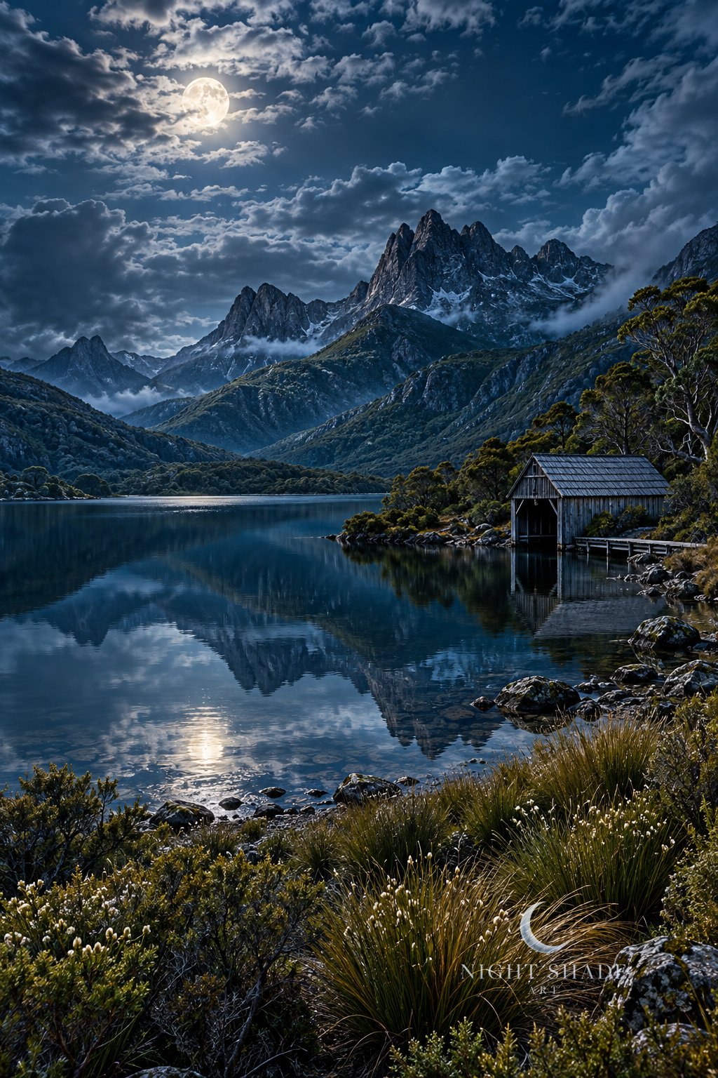 Moonlit Cradle Mountain in Tasmania, Australia, its jagged dolerite peaks mirrored in still Dove Lake, the old timber boatshed on the right shore, golden buttongrass, flowering shrubs and boulders in the foreground and a full moon behind thin wispy clouds, night landscape wall art print