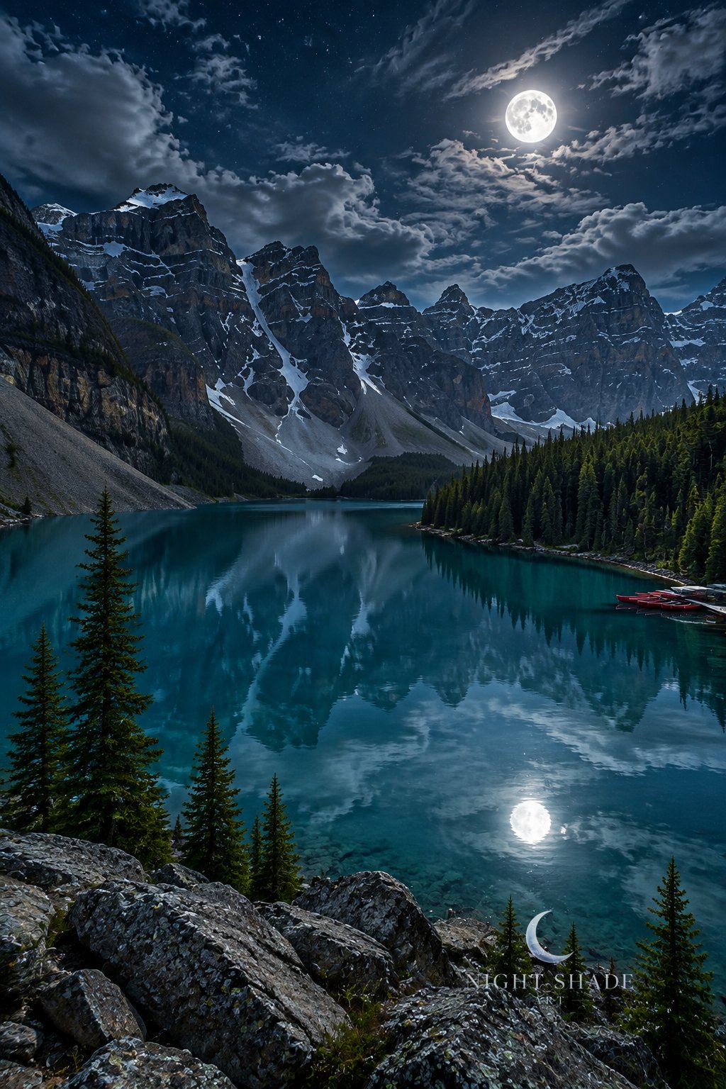 Moonlit Moraine Lake in Banff National Park, Alberta, Canada, the jagged snow-streaked Valley of the Ten Peaks mirrored in still turquoise water, red canoes at the dock on the far right shore, dark spruce trees and grey boulders in the foreground and a full moon in thin wispy clouds reflected in the lake, night landscape wall art print