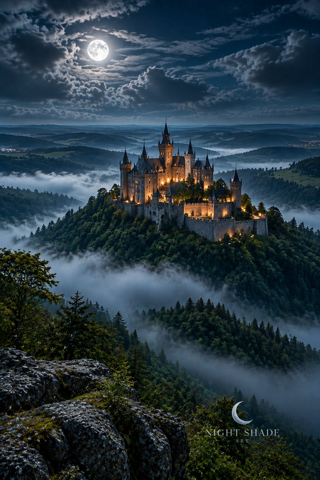 Moonlit Hohenzollern Castle on its forested hilltop in the Swabian Alb, Baden-Württemberg, Germany, its spired towers, turrets and walls lit warm gold above rivers of mist in the valleys, rolling hills to the horizon, a mossy rock outcrop and pines in the foreground and a full moon behind thin wispy clouds, night landscape wall art print