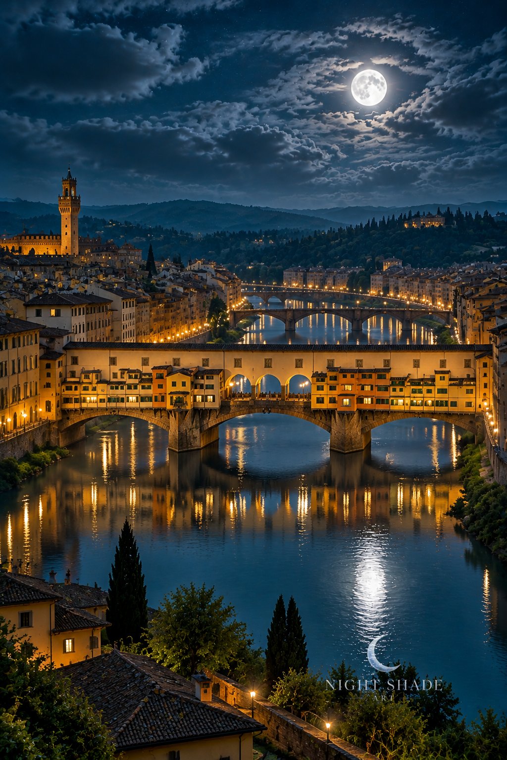 Moonlit Ponte Vecchio in Florence, Tuscany, Italy, the medieval stone bridge and its row of shops with warm lit windows spanning the calm Arno on three arches, the river mirroring the lights and the moon, more bridges and lamplit embankments beyond, a crenellated tower rising over the old town on the left, cypresses and terracotta roofs in the foreground and a full moon behind thin wispy clouds, night landscape wall art print