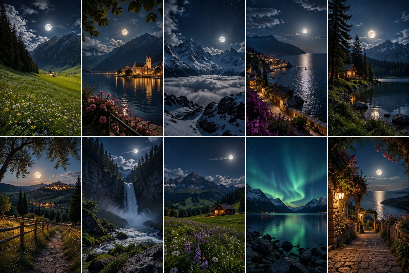 Contact sheet of ten moonlit Night Windows landscapes