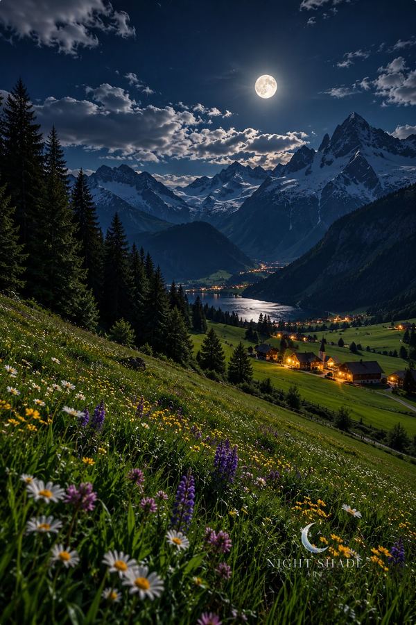 Moonlit Alpine Meadow mountain wall art poster and framed print