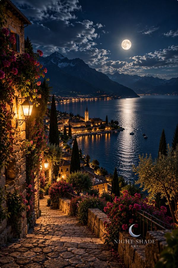A lakeside village with a lit bell tower, cypresses and a sailboat on still water under a full moon, Moonlit Mediterranean Village lake wall art poster and framed print