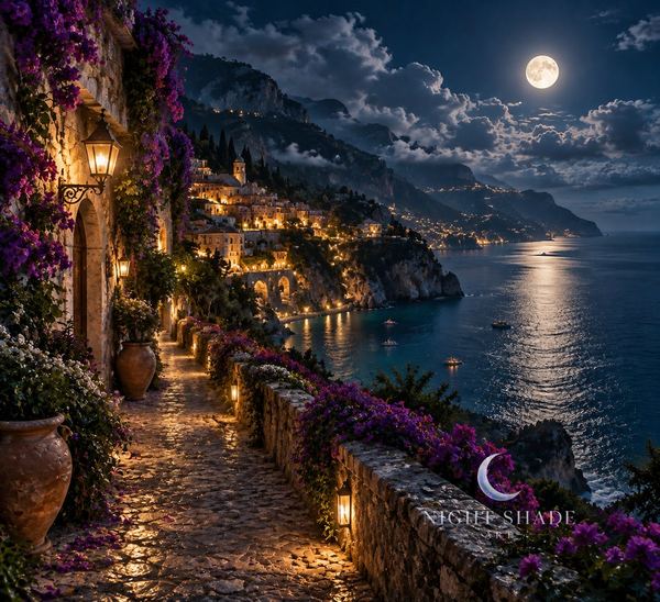 A cliffside seaside town framed by purple flowers, with a glowing path down to the moonlit sea, Coastal Cliffside Town coastal wall art poster and framed print