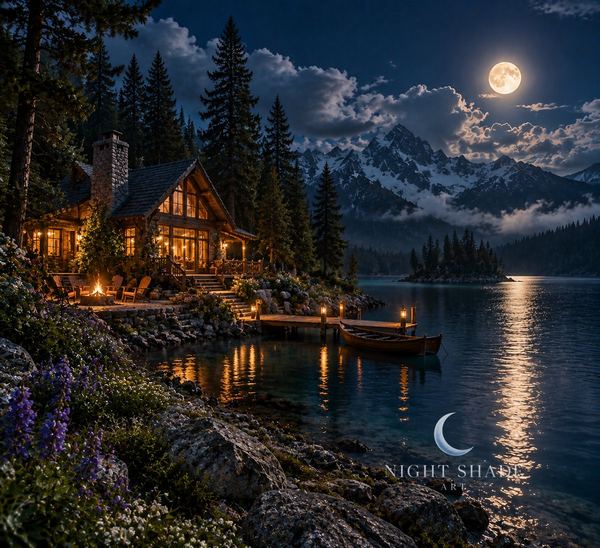 A warm-lit cabin beside a quiet lake, reflected in the water between dark pines at night, Lakeside Cabin lake wall art poster and framed print