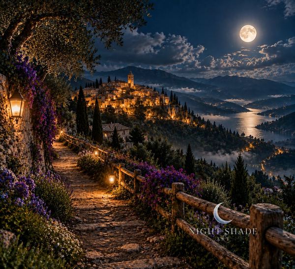 Hilltop path with wooden fences leading to a glowing village, Hilltop Path to Village wall art poster and framed print
