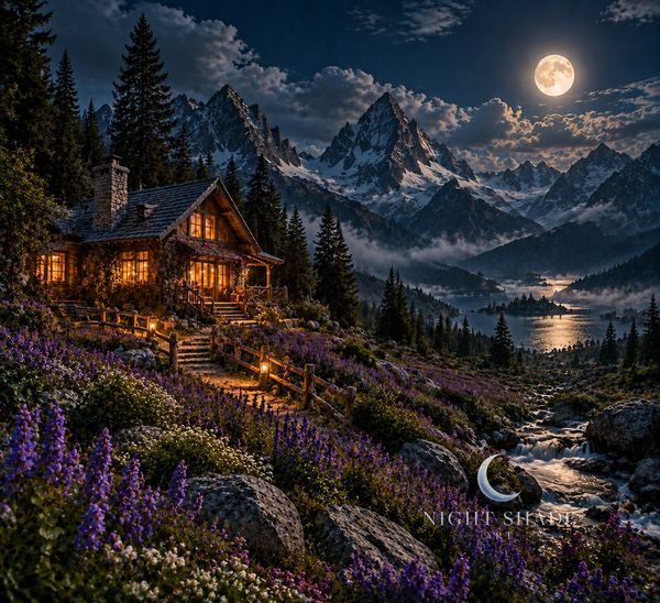 Cabin in a purple wildflower meadow with rocky mountain peaks, Wildflower Meadow Cabin wall art poster and framed print