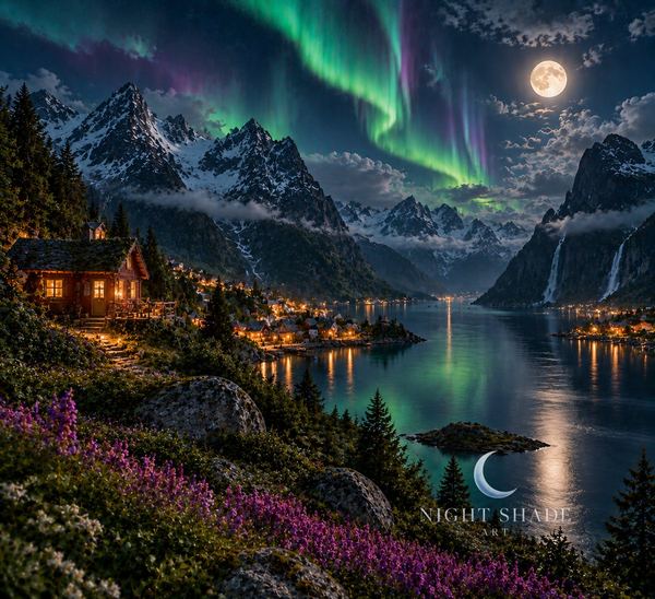 Northern lights over a calm fjord framed by snowy mountains and distant warm lights, Northern Lights Fjord fjord wall art poster and framed print