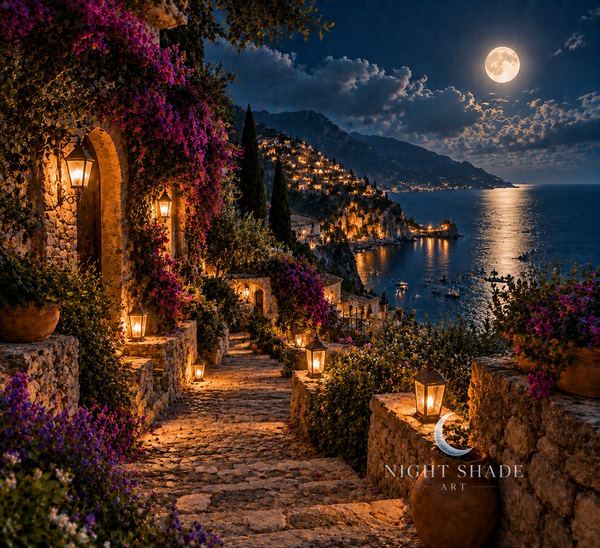 A lantern-lit stone walkway through Mediterranean houses toward a moonlit sea, Mediterranean Lantern Walk coastal wall art poster and framed print