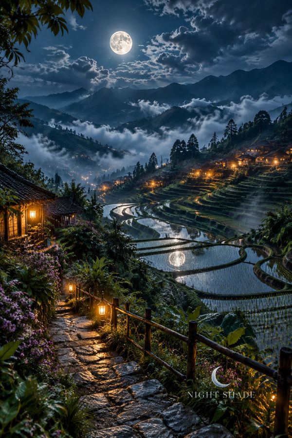Cascading rice terraces and warm village lights under a full moon, Moonlit Rice Terraces temple wall art poster and framed print