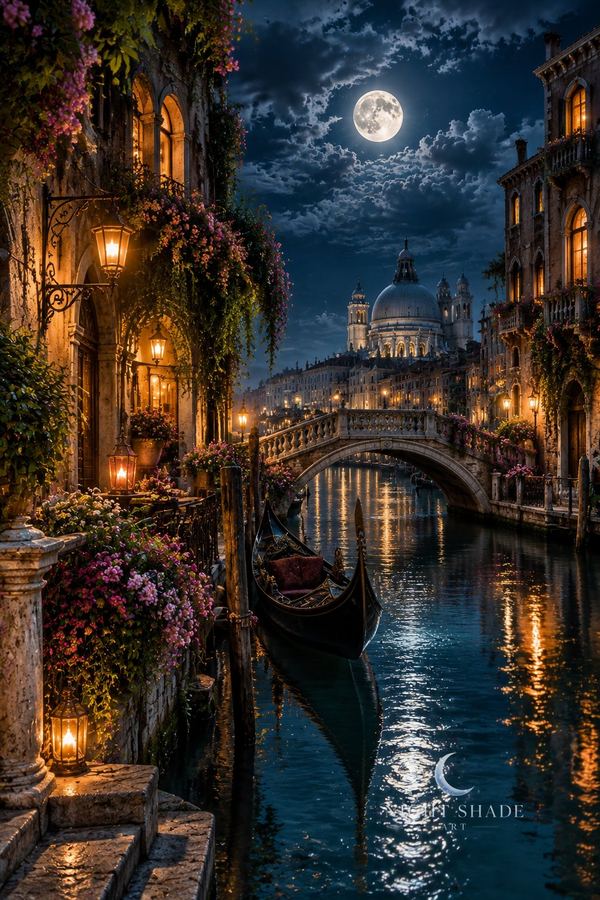 A quiet Venetian canal with stone bridges, warm windows on the water and a lone gondola under moonlight, Venetian Canal Moonrise European city wall art poster and framed print