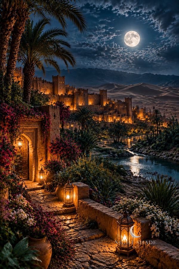 Moonlit Moroccan kasbah at the edge of desert dunes with warm lantern light, palms, and wildflowers in an oasis, Moroccan Kasbah Night wall art poster and framed print