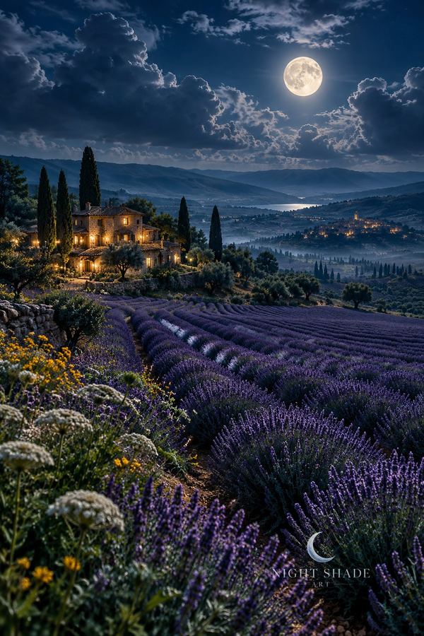 Rows of moonlit lavender in Provence, France, leading to a warm stone farmhouse under a full moon, Provence Lavender Moon countryside wall art poster and framed print