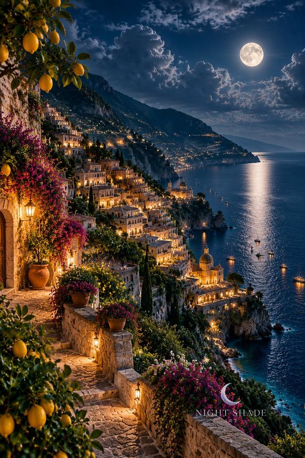 Amalfi Coast terraces with warm windows and lemon trees above a moonlit sea, Amalfi Terrace Night coastal wall art poster and framed print