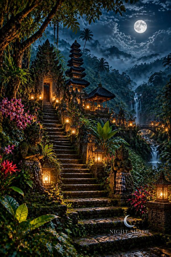 Mossy temple steps climbing through Balinese jungle mist with lanterns and moonbeams, Bali Jungle Temple temple wall art poster and framed print