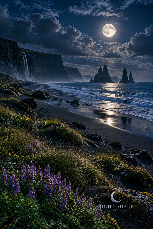 Moonlight on wet black sand and basalt sea stacks on an Icelandic shore, Iceland Black Sand Moon ocean wall art poster and framed print