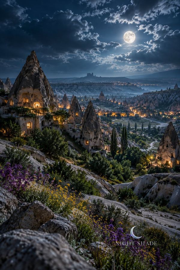 Moonlit Cappadocia fairy chimney rock dwellings with warm cave-house windows, wildflowers on the hillside, Cappadocia Fairy Chimneys wall art poster and framed print