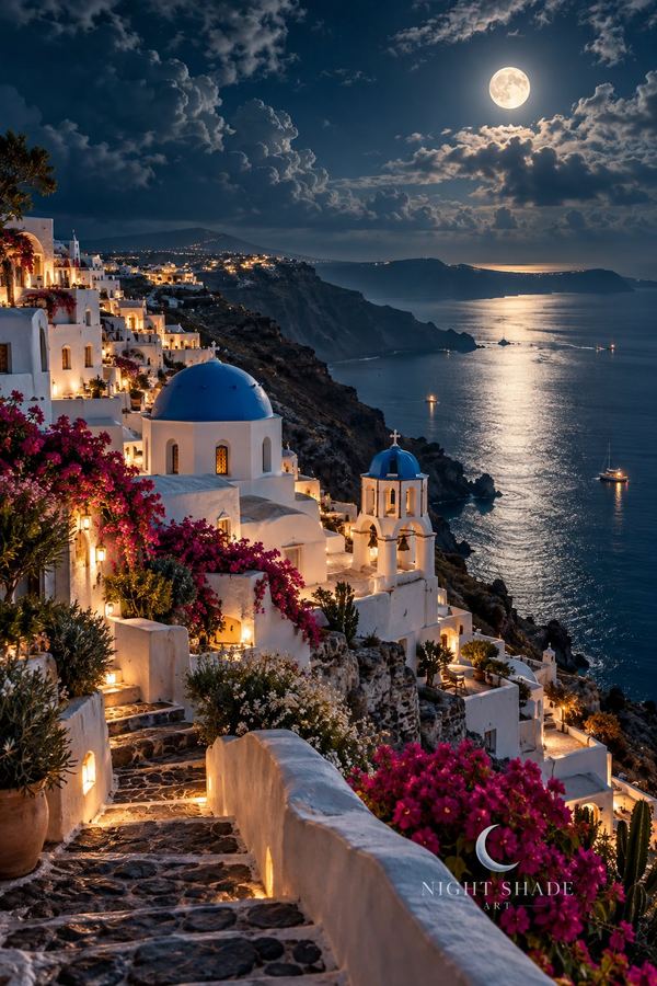 Whitewashed Santorini terraces and blue domes above the moonlit caldera, Santorini Caldera Moon peel and stick wall mural design