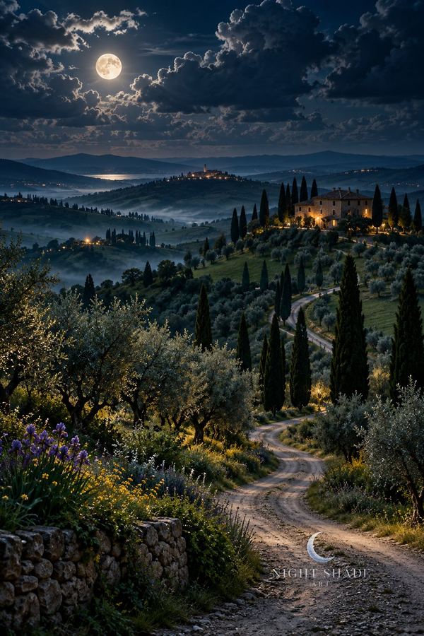 A cypress-lined road winding through moonlit Tuscan hills toward a warm stone villa in Italy, Tuscany Cypress Hills countryside wall art poster and framed print