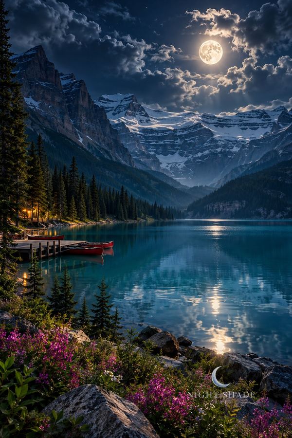 Banff Lake Louise Moon mountain wall art poster and framed print
