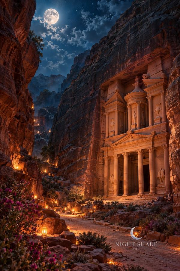 Moonlit Petra Treasury carved into rose-red sandstone with lantern glow in the Siq, classical facade columns, and volumetric night haze, Petra Treasury Night wall art poster and framed print