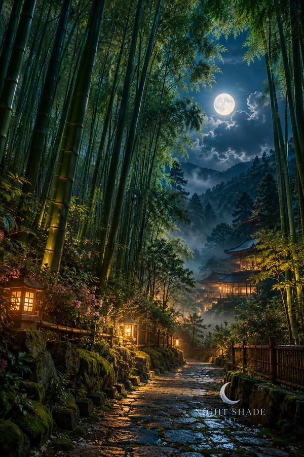 A Kyoto bamboo grove path softened by mist and filtered moonlight, Kyoto Bamboo Moon peel and stick wall mural design