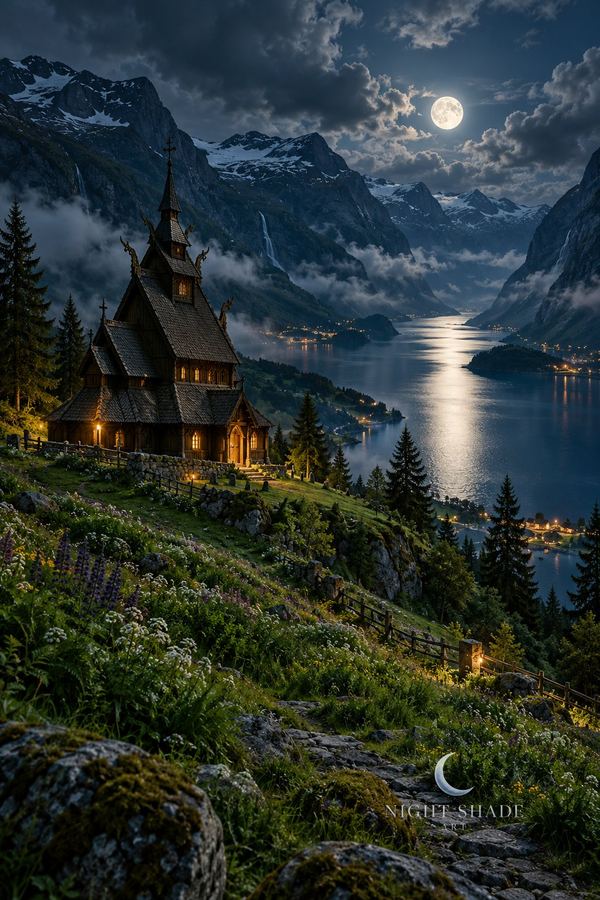 A wooden stave church glowing above a deep, misty Norwegian fjord at night, Norwegian Stave Church Fjord fjord wall art poster and framed print