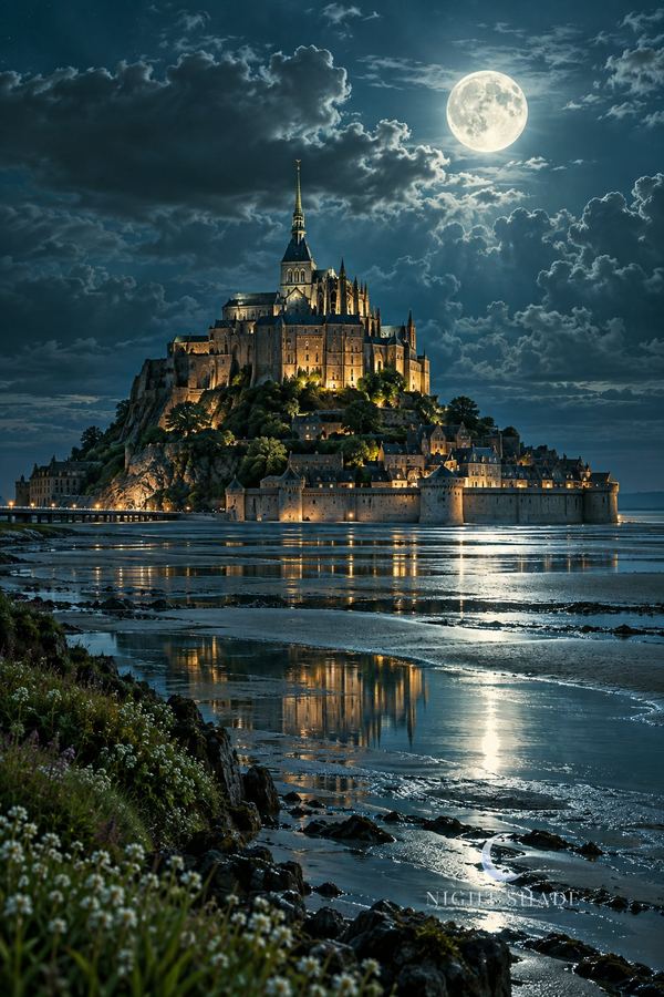 Mont Saint-Michel abbey rising from silver tidal water under moonlight, Mont Saint-Michel Moon peel and stick wall mural design