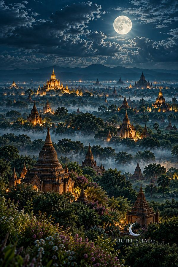Brick stupas scattered across the misty plain of Bagan under moonlight, Bagan Temples Night temple wall art poster and framed print