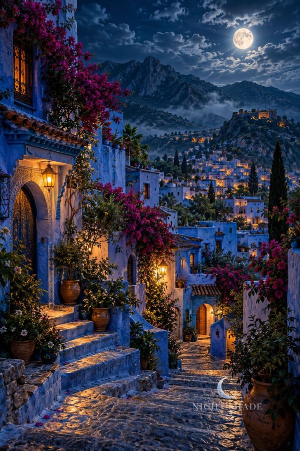 Moonlit Chefchaouen stairway alley of blue-washed stone walls with magenta bougainvillea, potted plants, glowing lanterns, Chefchaouen Blue Moon wall art print