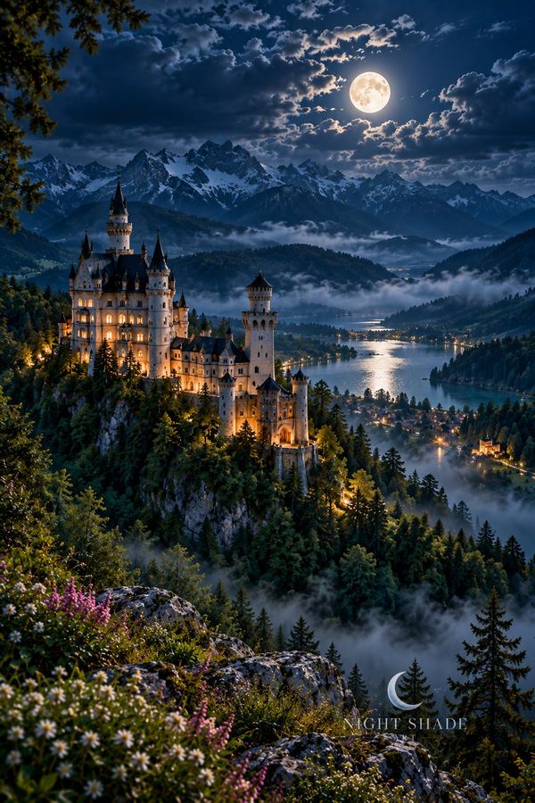 Neuschwanstein Castle’s white towers on a forested crag under a full moon, Neuschwanstein Castle Moon peel and stick wall mural design