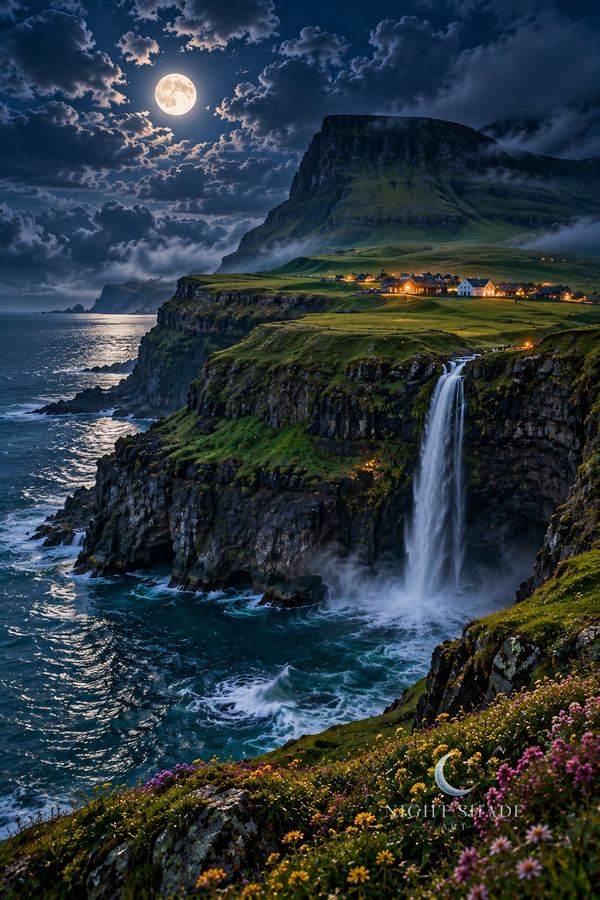 Múlafossur waterfall dropping from green sea cliffs at Gásadalur under a full moon, Faroe Gásadalur Moon peel and stick wall mural design