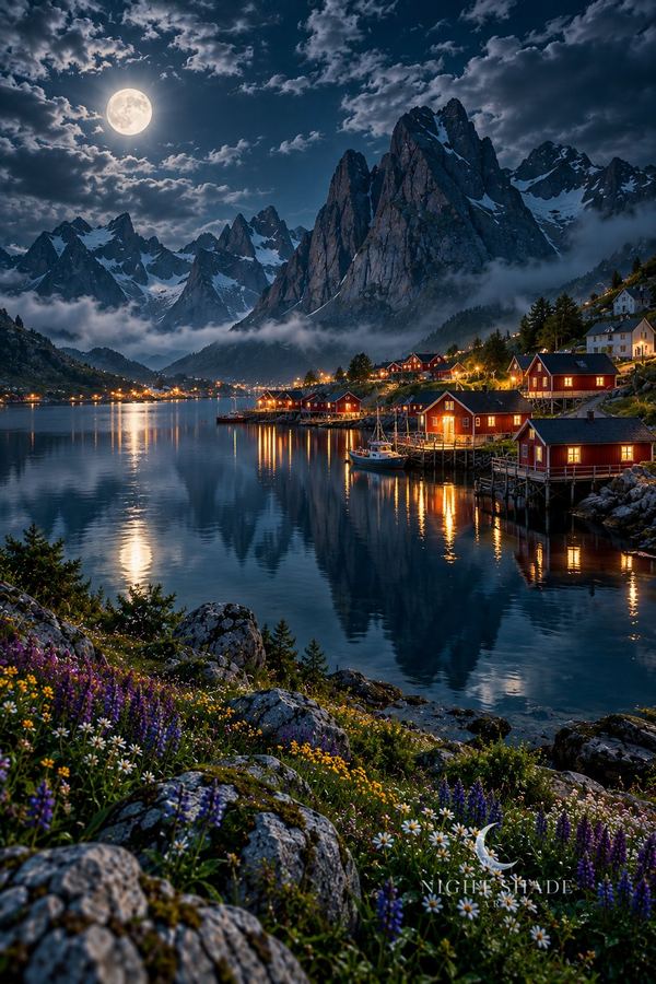 Red fishing cabins along a still Lofoten fjord below jagged peaks and a full moon, Lofoten Reine Moon peel and stick wall mural design