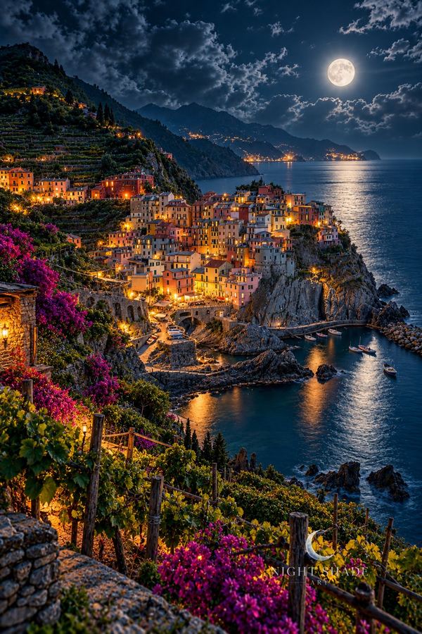 Manarola’s pastel cliffside houses with lit windows above a moonlit sea, Cinque Terre Manarola Moon peel and stick wall mural design