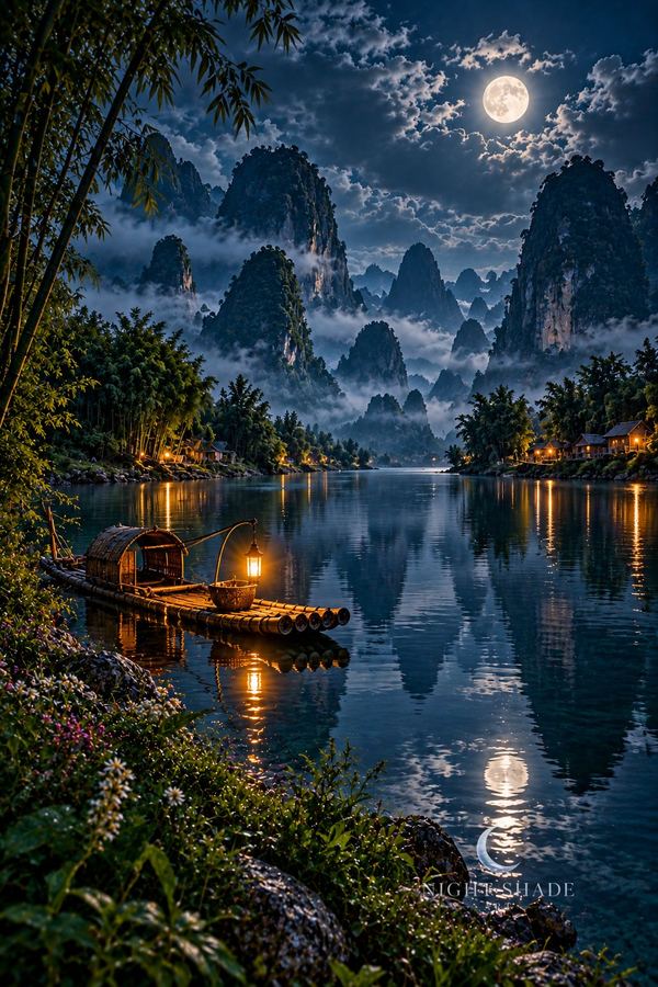 Karst peaks along the Li River near Guilin with a lantern on a bamboo raft under a full moon, Guilin Li River Moon Chinese landscape wall art poster and framed print