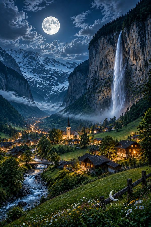 Lauterbrunnen Valley Moon mountain wall art poster and framed print