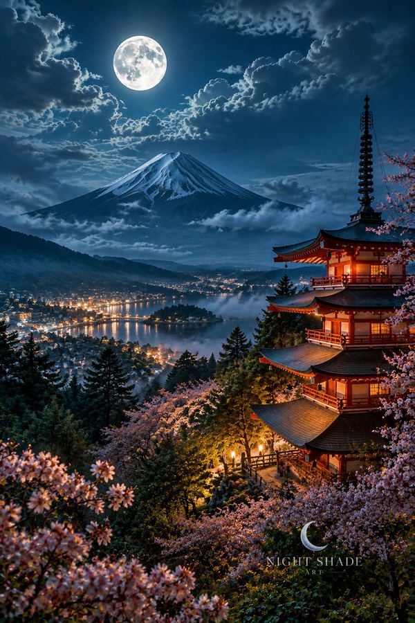 Mount Fuji Pagoda Moon mountain wall art poster and framed print