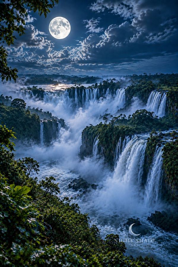 Tiers of Iguazu waterfalls falling into a misty rainforest gorge under a full moon, Iguazu Falls Moon peel and stick wall mural design