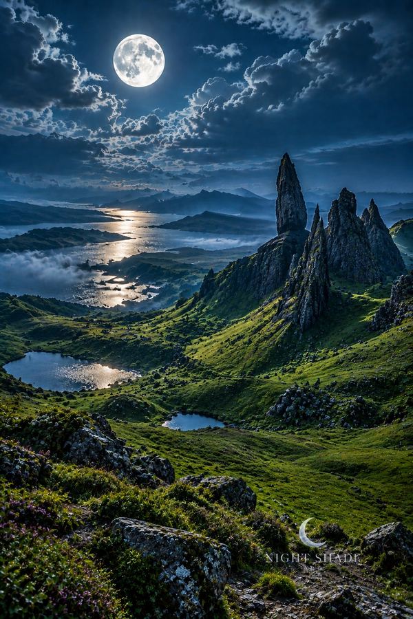 Isle of Skye Storr Moon mountain wall art poster and framed print