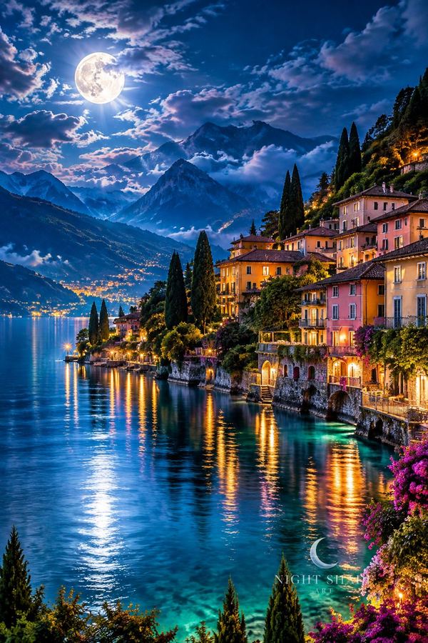 Bellagio’s pastel villas and cypresses glowing along Lake Como below moonlit mountains, Lake Como Bellagio Moon lake wall art poster and framed print