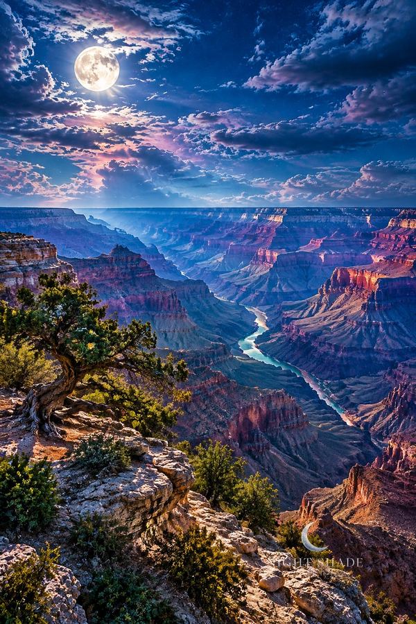 Moonlit Grand Canyon from the South Rim with a twisted juniper on the rocky edge, layered red canyon walls, Grand Canyon Rim Moon wall art poster and framed print