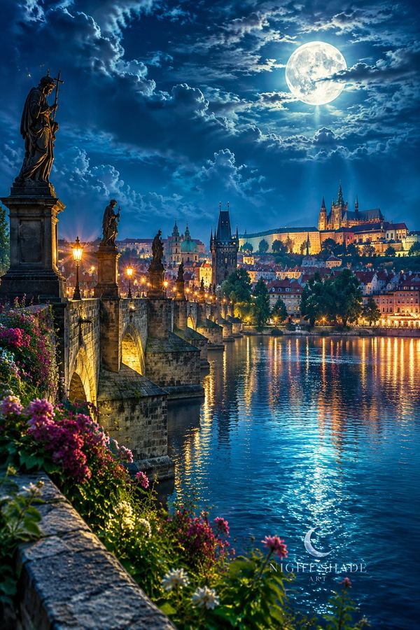 Prague’s Charles Bridge and its Gothic towers over the Vltava, with Prague Castle lit on the hill beneath a cloud-veiled moon, Prague Charles Bridge Moon European city wall art poster and framed print