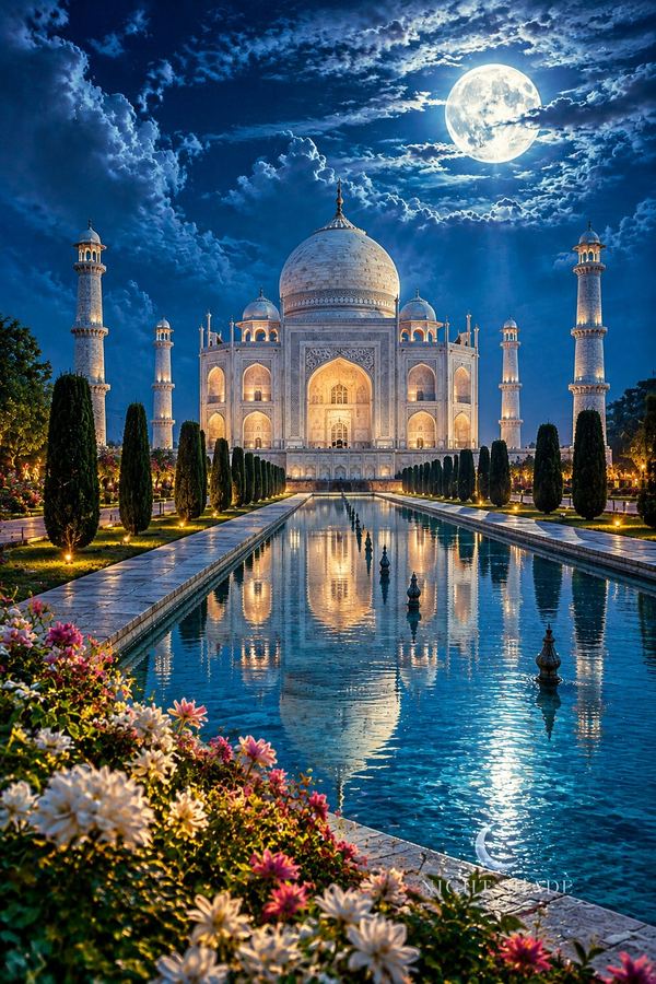 The white marble Taj Mahal above its reflecting pool and cypress gardens under a full moon, Taj Mahal Moon temple wall art poster and framed print
